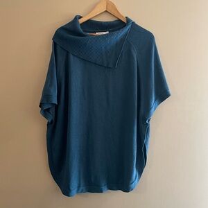 #608 REITMANS Asymmetrical Cowl Neck Size Large Teal Blue  Knit Tunic Poncho GUC